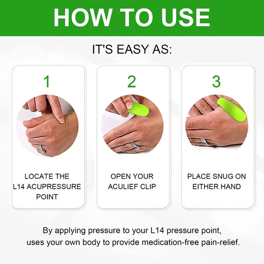Step-by-step guide on how to use LI4 acupressure hand pressure point clip for instant headache and migraine relief.