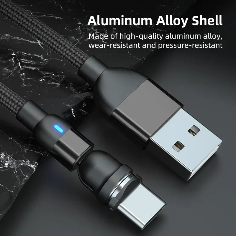 Close up view of premium aluminum alloy shell and blue LED light indicator on black braided magnetic charging cable