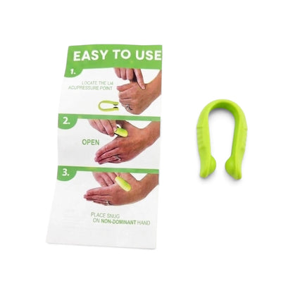 Green LI4 acupressure hand pressure point clip worn on hand for natural headache and migraine relief