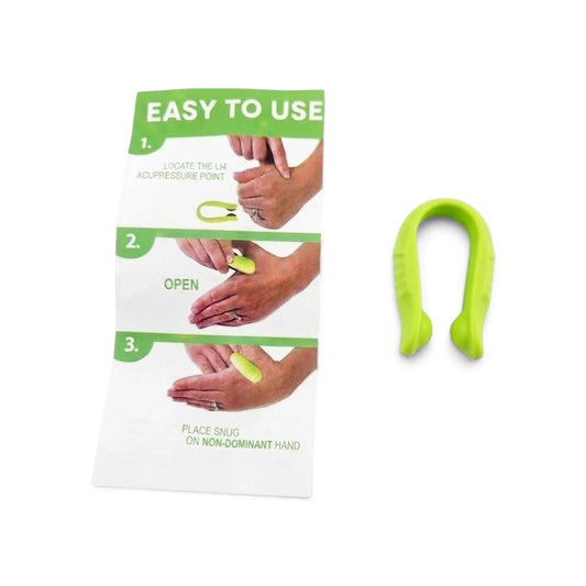 Green LI4 acupressure hand pressure point clip worn on hand for natural headache and migraine relief