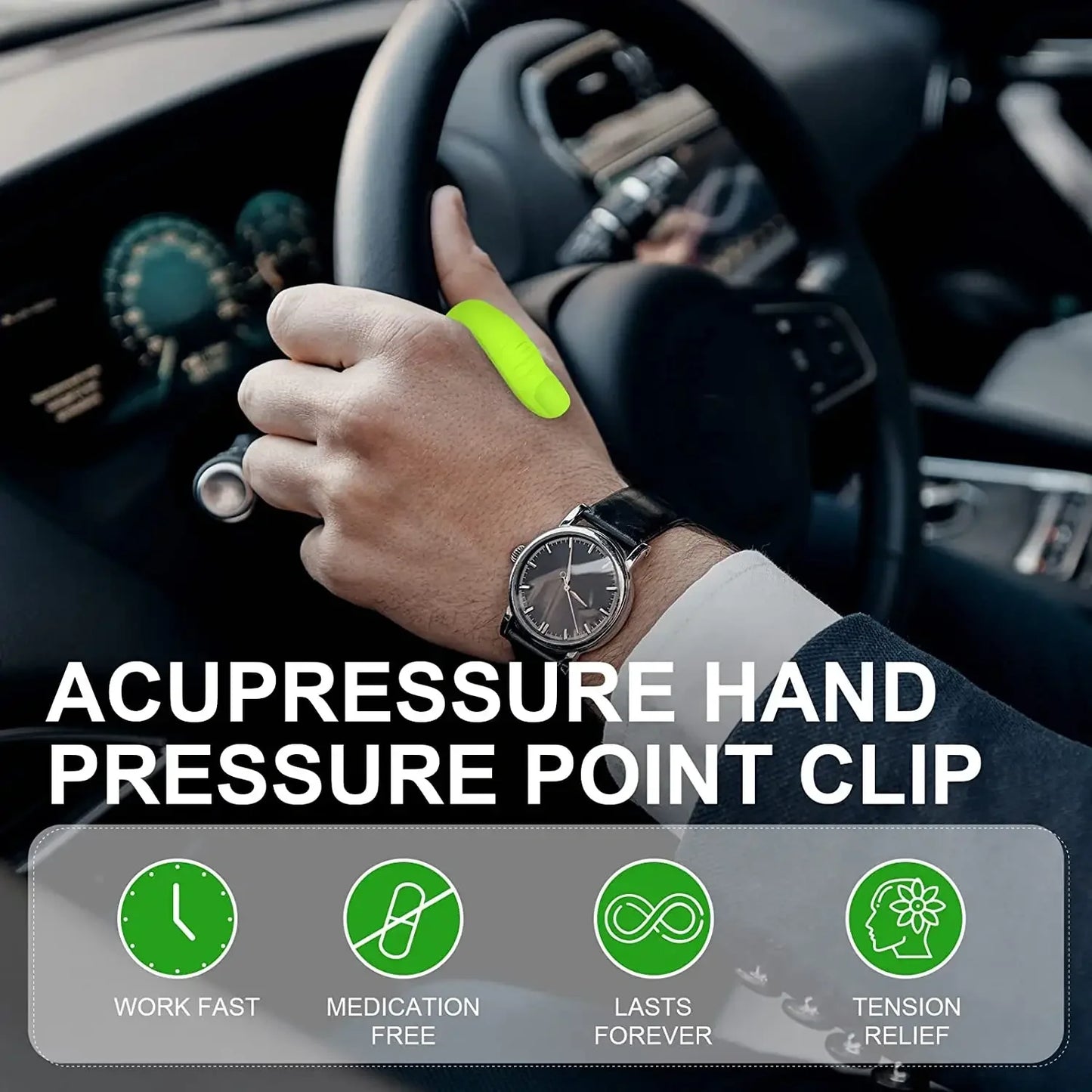 Man wearing green LI4 acupressure clip while driving for fast medication-free headache and tension relief in Sri Lanka