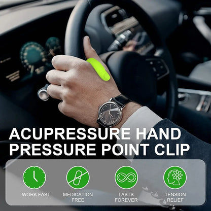 Man wearing green LI4 acupressure clip while driving for fast medication-free headache and tension relief in Sri Lanka