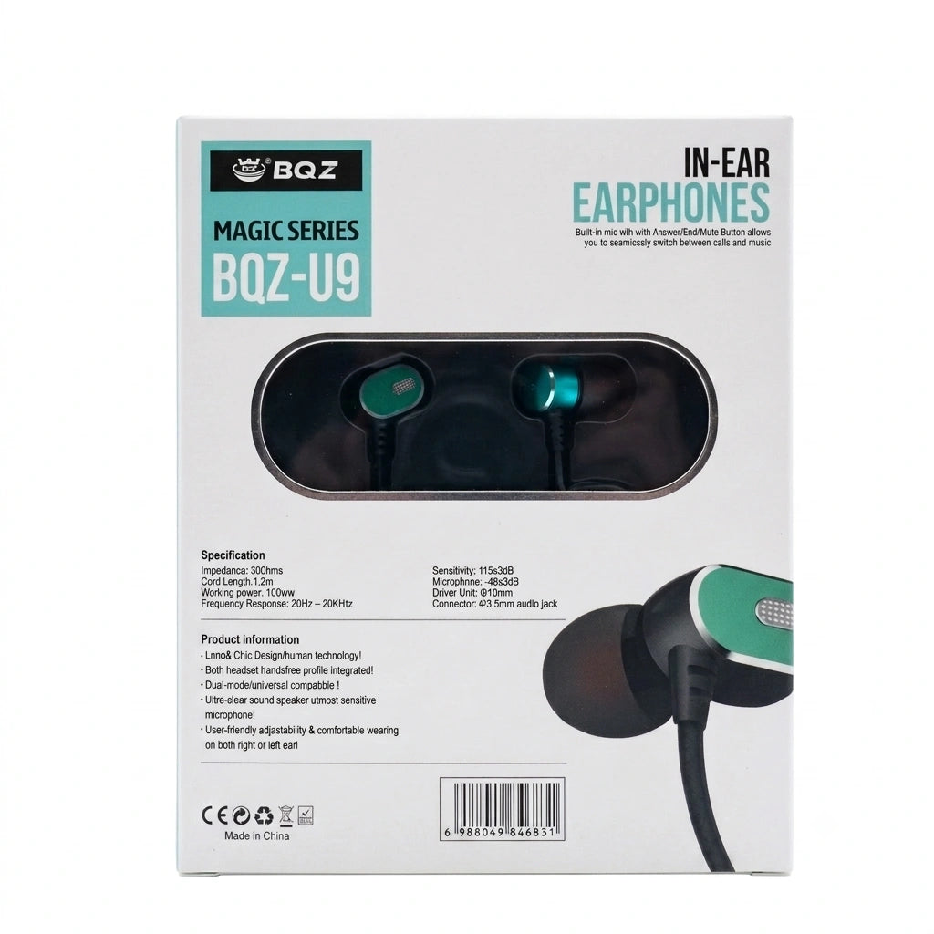 ​BQZ U9 extra bass handsfree earphone packaging box available in Sri Lanka