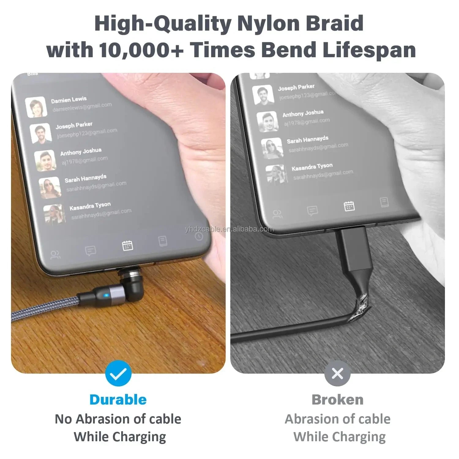 Durability comparison showing durable nylon braided magnetic cable with 10000 plus bend lifespan versus broken regular cable