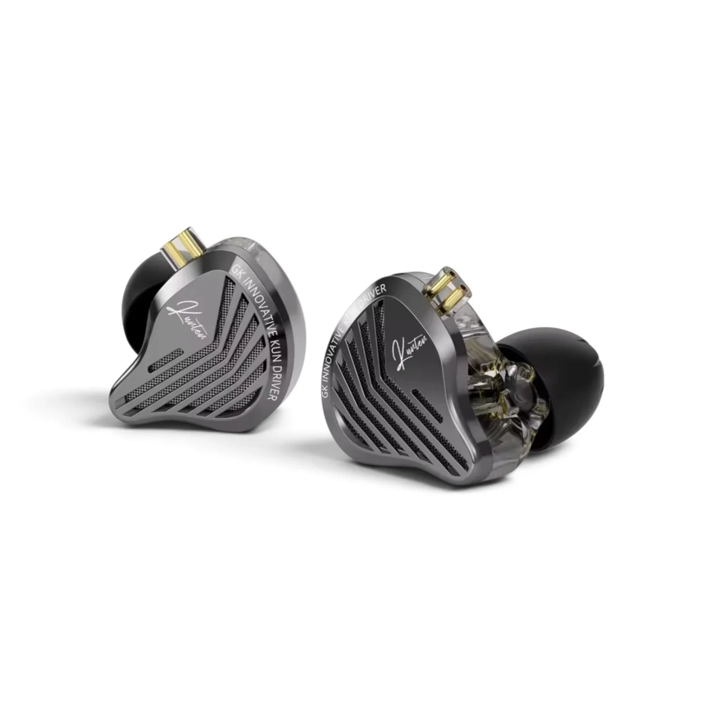 GK Kunten HiFi dynamic driver earbud pair with metal faceplate and 0.78mm 2-pin connectors