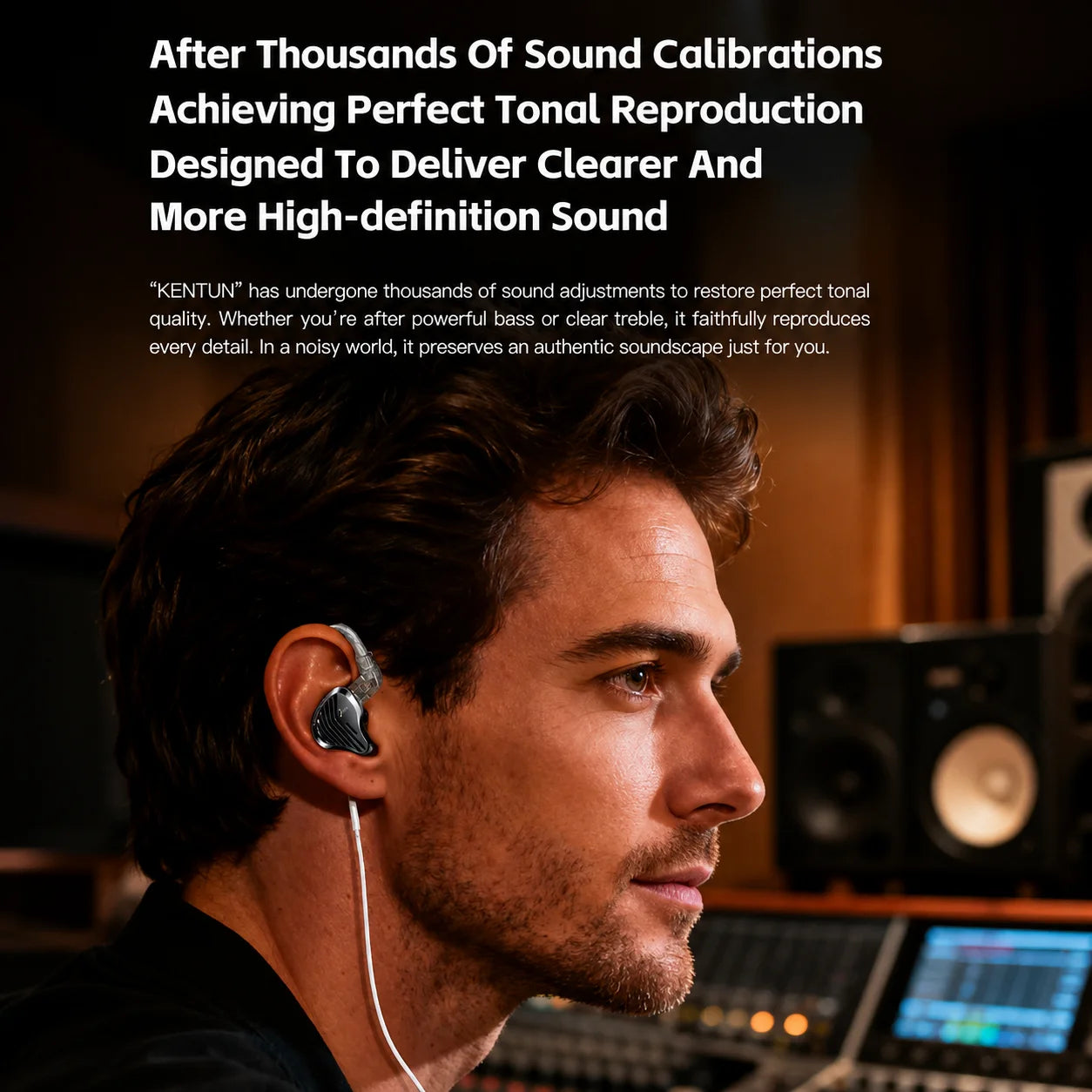 Man wearing GK Kunten ergonomic over-ear HiFi earphones in a studio environment in Sri Lanka
