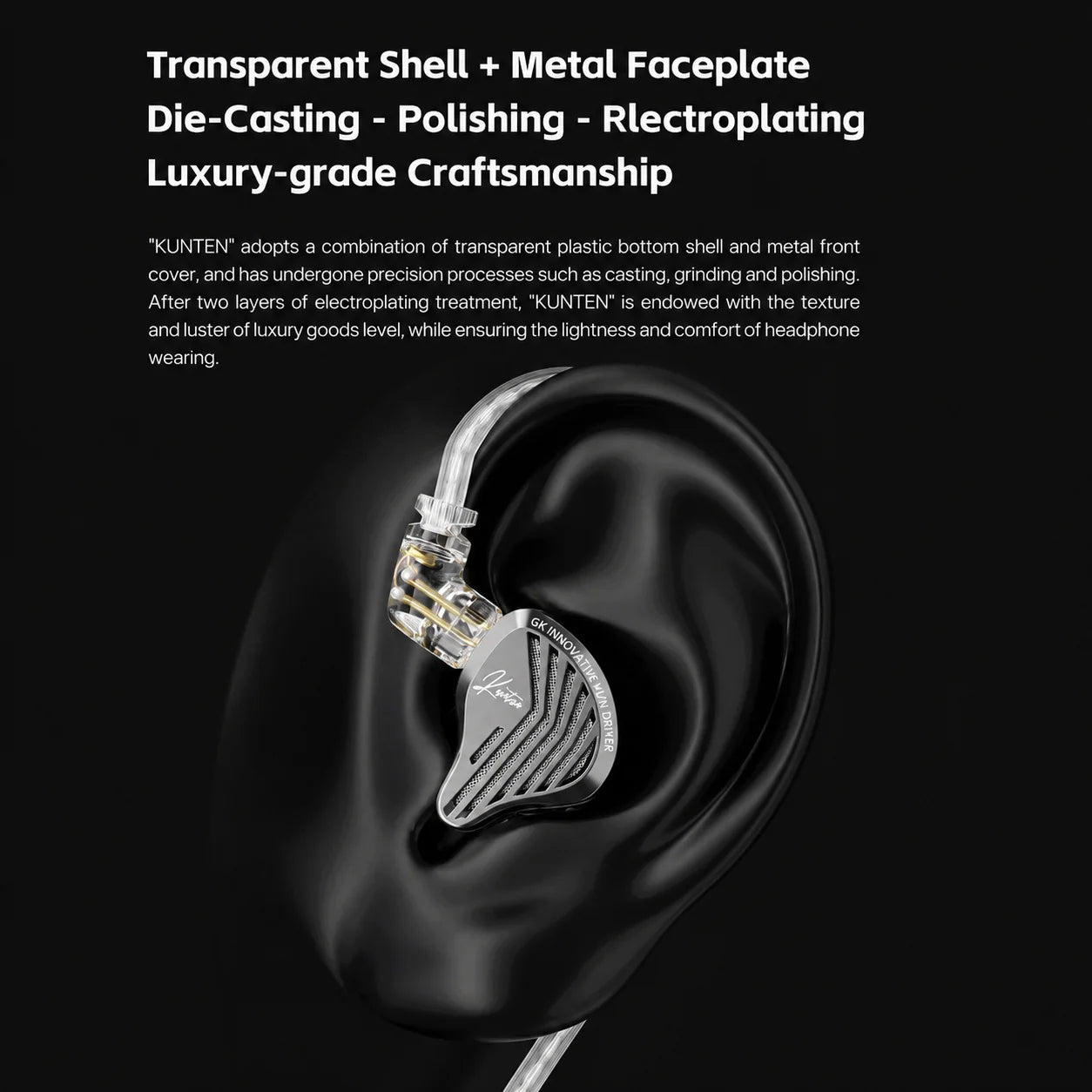 GK Kunten electroplated metal faceplate and transparent resin earphone casing fitted on ear