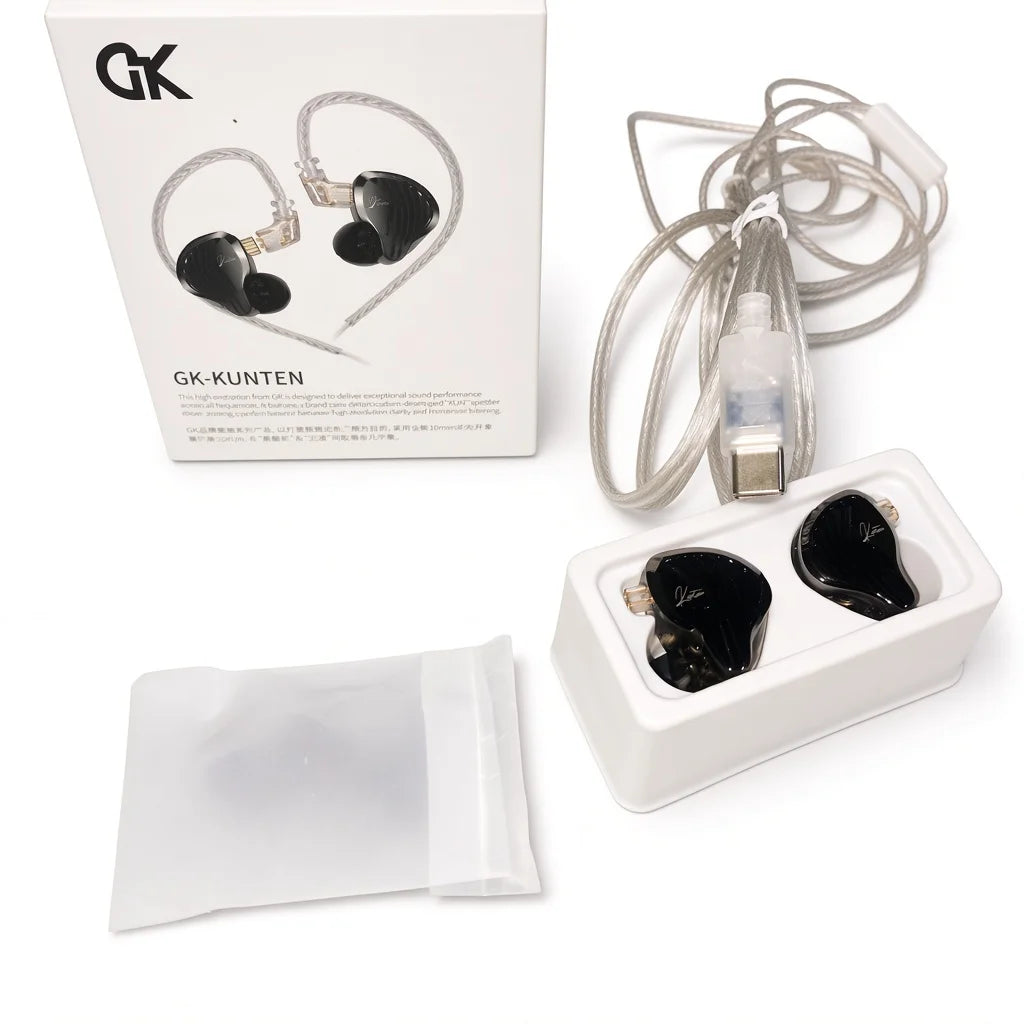 GK Kunten Type-C IEM earphones retail box packaging and silver-plated Type-C audio cable in Sri Lanka