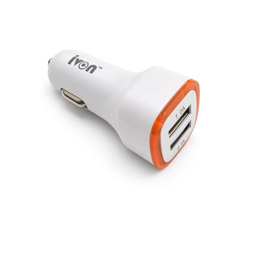 An Ivon car cigarette lighter charger with two USB-A ports, featuring a white plastic body and an orange accent ring around the port openings.