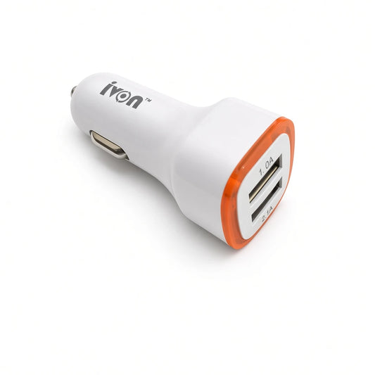 An Ivon car cigarette lighter charger with two USB-A ports, featuring a white plastic body and an orange accent ring around the port openings.