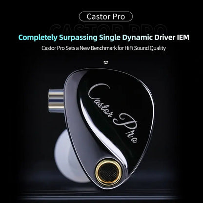KZ Castor Pro Harman Target Bass Edition Black single in-ear monitor earbud with gold accent and script.