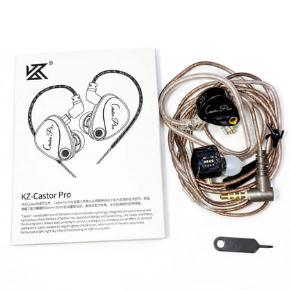 Black KZ Castor Pro Bass Version wired earphone with cable and tuning tool.