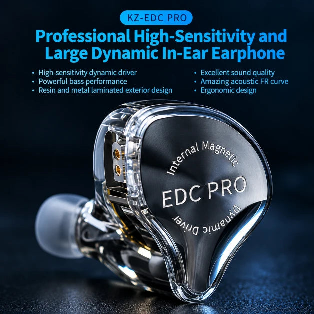 KZ EDC Pro professional high-sensitivity dynamic in-ear earphone with resin and metal laminated design.