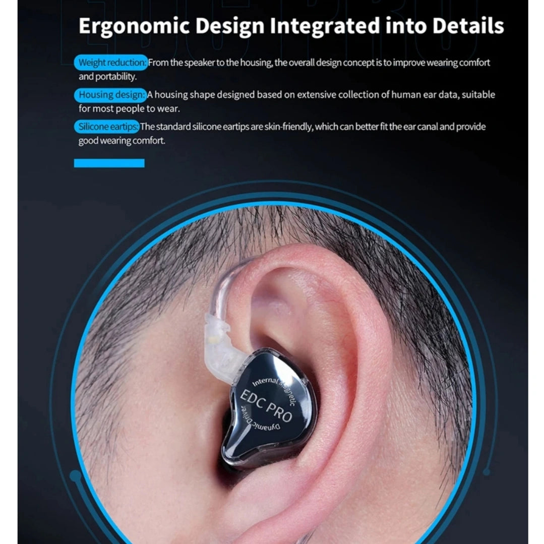 KZ EDC Pro ergonomic wired in-ear monitors (IEMs) detailed close-up showing secure fit, highlighting design features like weight reduction, optimized housing shape, and skin-friendly silicone eartips, perfect for daily wear in Sri Lanka
