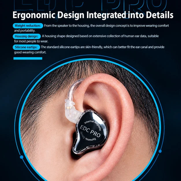 detailed close-up showing secure fit, highlighting design features like weight reduction, optimized housing shape, and skin-friendly silicone eartips.