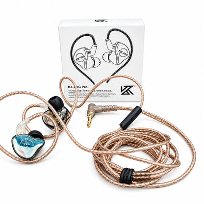 Original KZ EDC Pro Iem earphones with mic, 3.5mm audio jack, and packaging box.