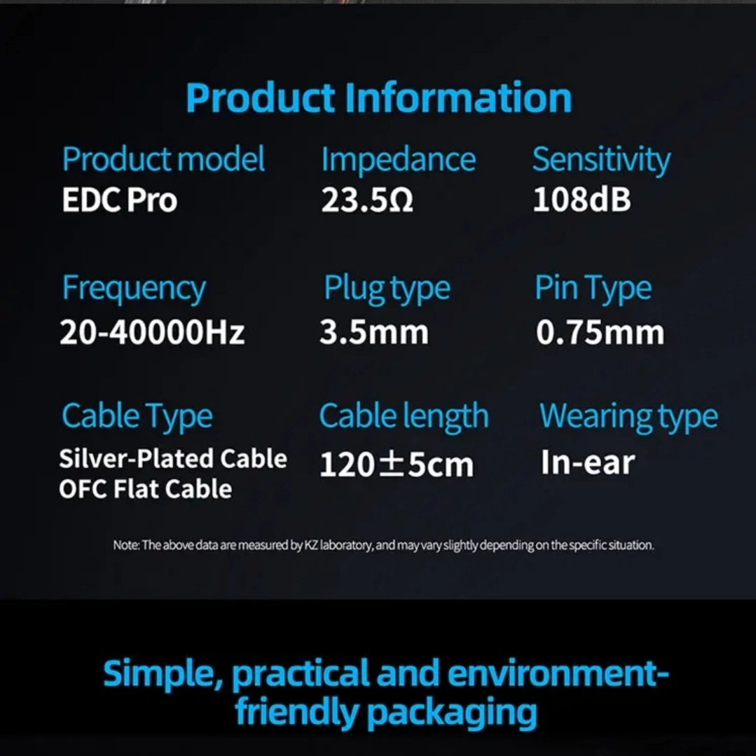 KZ EDC Pro original in-ear monitor technical specifications chart showing 23.5 ohm impedance, 3.5mm plug, 0.75mm 2-pin connector, and ofc-plated cable details in Sri Lanka
