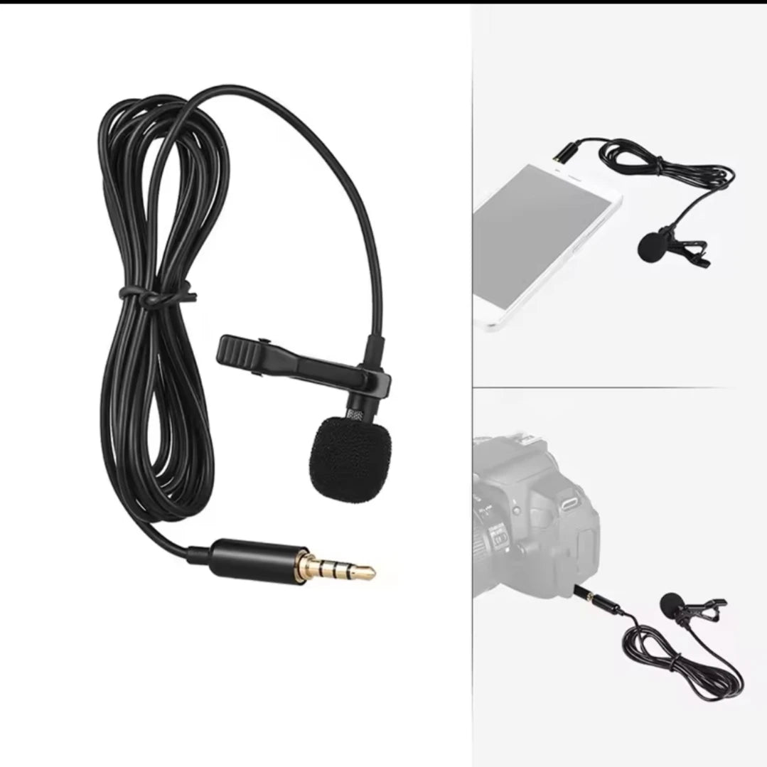 Lavalier lapel microphone connected to a smartphone and DSLR camera for multi-device recording