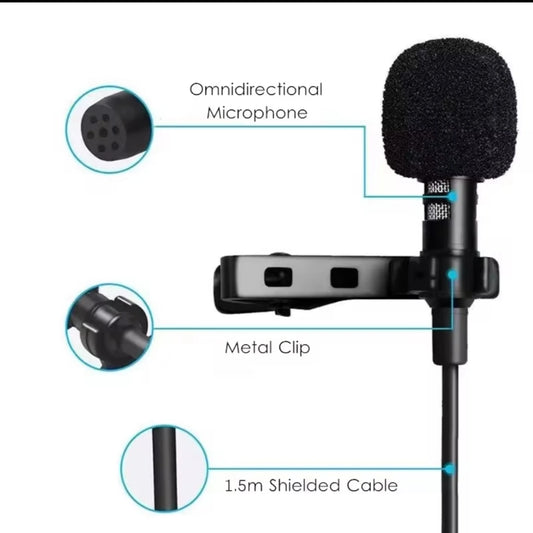 Diagram showing omnidirectional lavalier microphone features including metal clip and 1.5m shielded cable