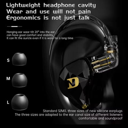 ND Audio NX2 ergonomic over-ear fit design with S, M, L silicone ear tips.