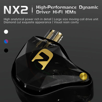 ND Audio NX2 high-performance IEM earpiece with black diamond cut crystal resin shell.