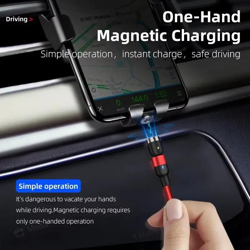 One hand operation magnetic car charging cable attaching to smartphone mounted on car dashboard vent for safe driving