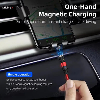 One hand operation magnetic car charging cable attaching to smartphone mounted on car dashboard vent for safe driving