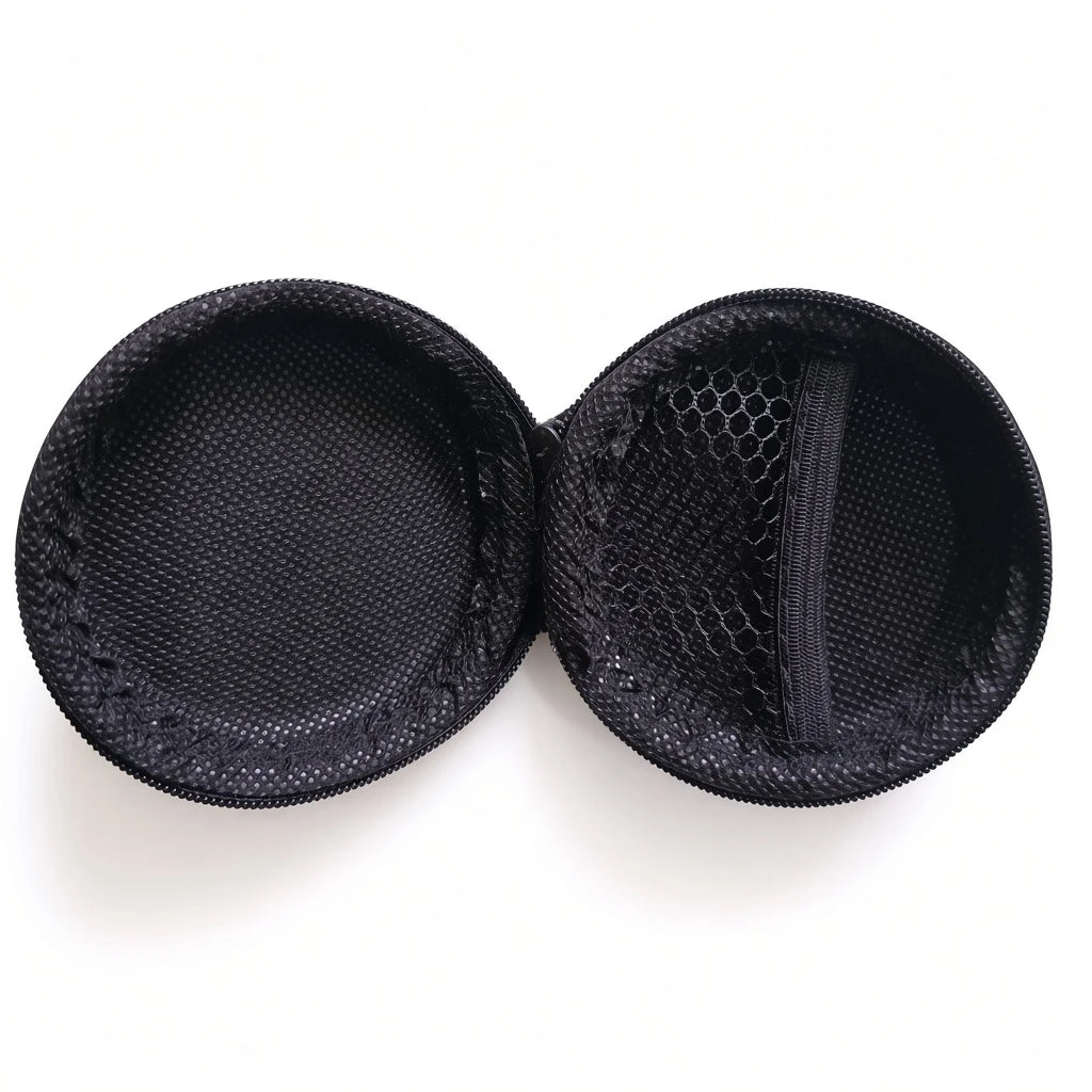 Open round black handsfree pouch featuring an interior mesh organizer pocket 