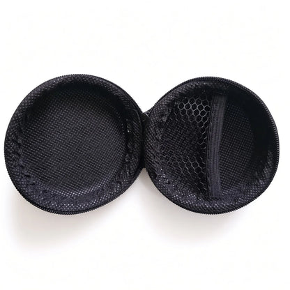 Open round black handsfree pouch featuring an interior mesh organizer pocket 